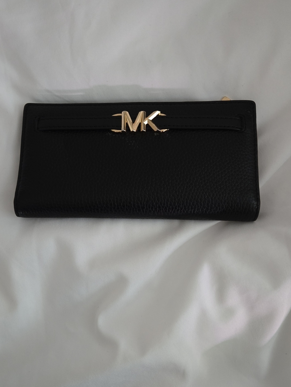 Michael Kors Black Leather Continental Wallet with Gold MK Emblem